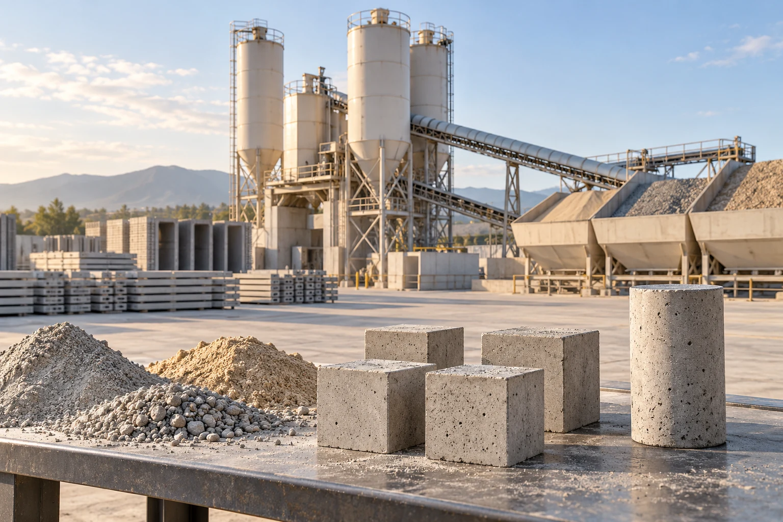 Concrete test cubes and a core sample in front of a batching plant and aggregate bins