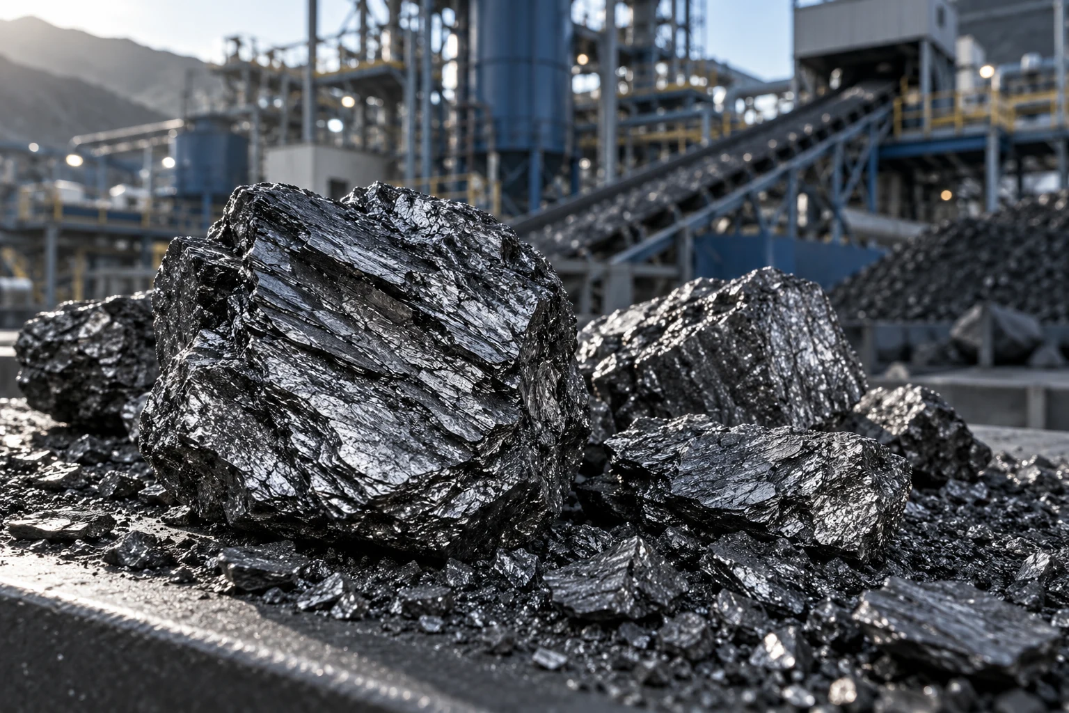 Layered graphite specimens with a mineral processing facility in the background