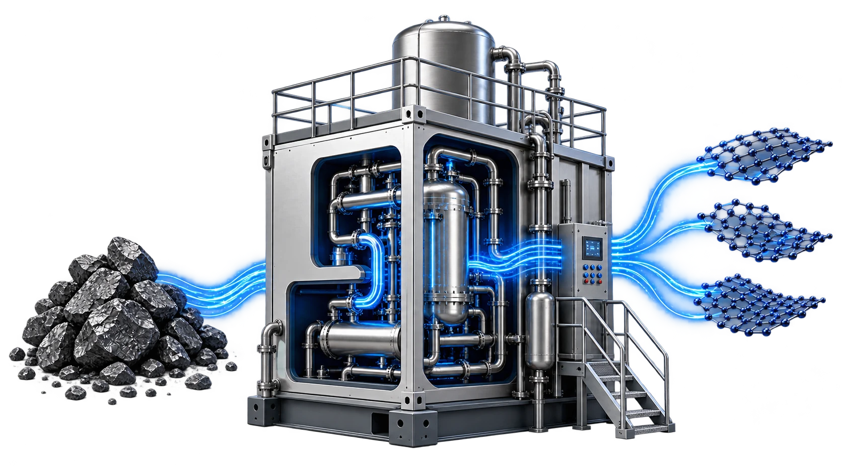 Illustrative pilot processing skid with graphite feedstock, a pressure vessel, piping, and separated material sheets
