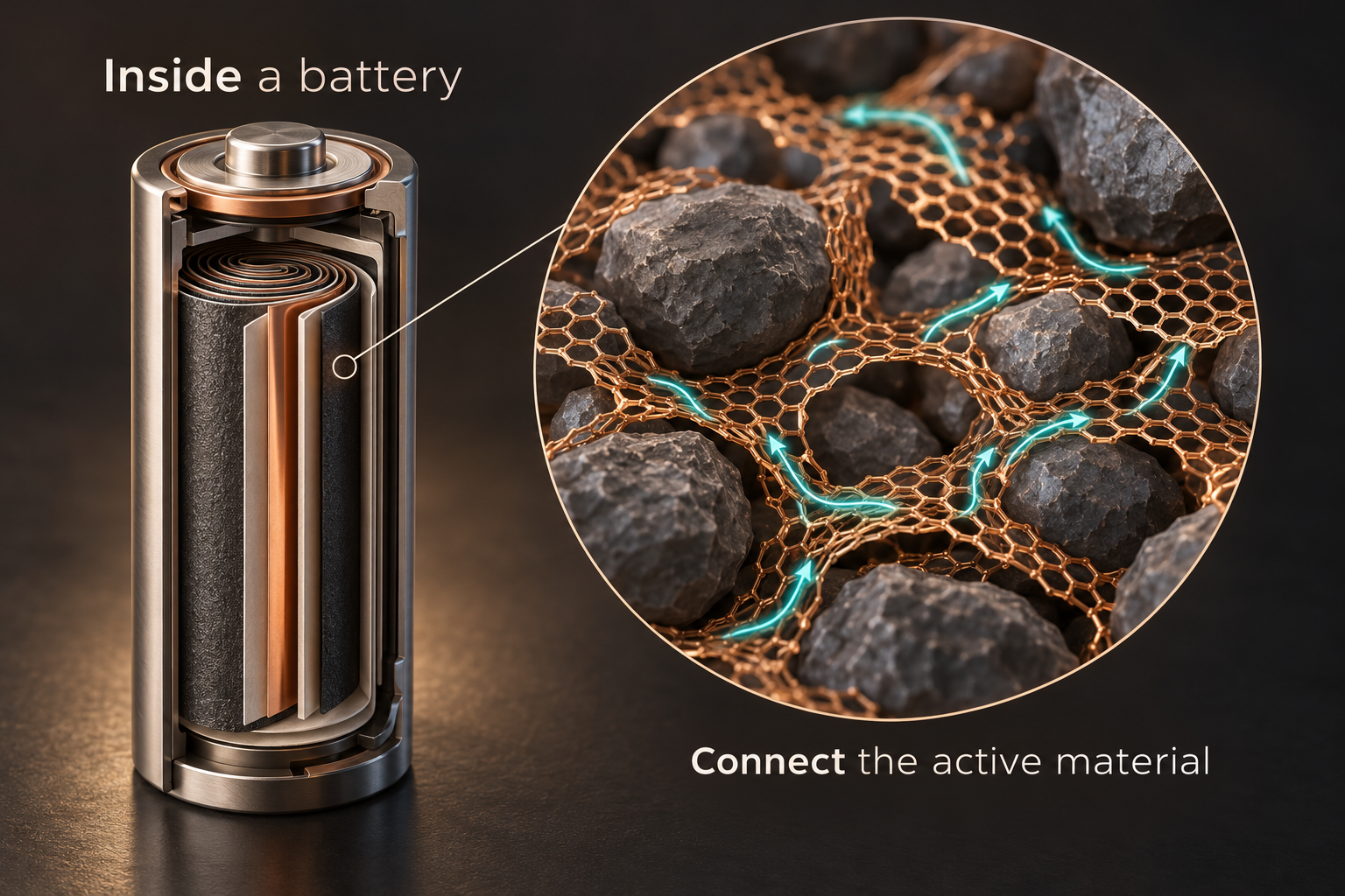 Inside a battery electrode. Graphene-containing networks can help connect the particles that store charge. They are part of the electrode, not the whole battery.