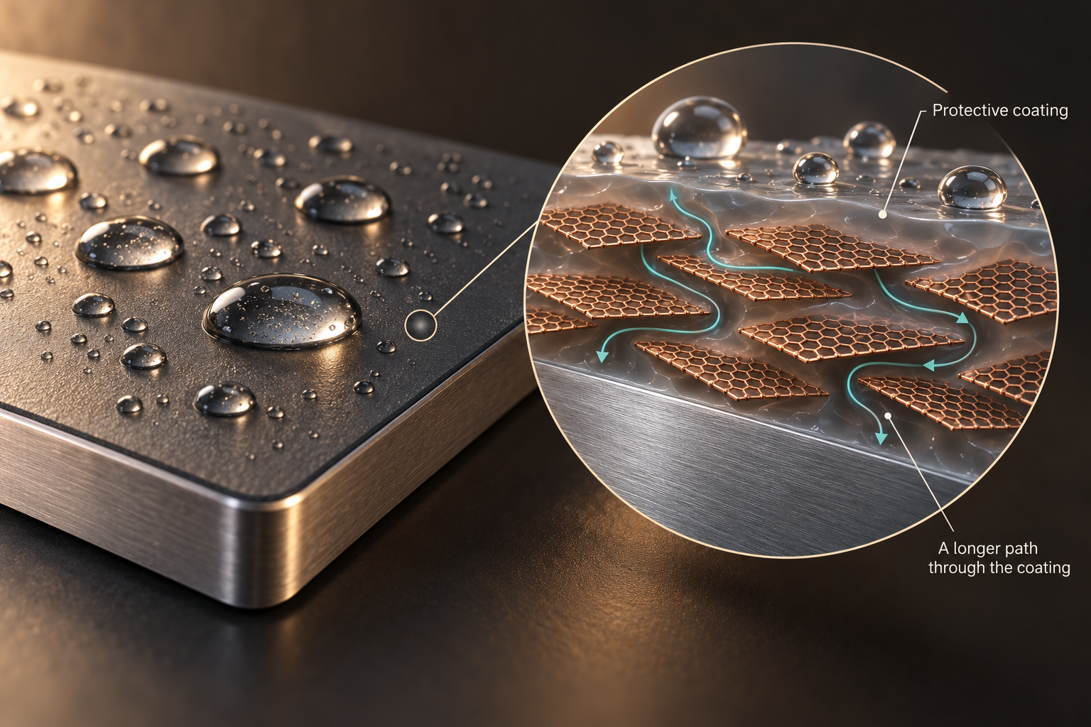 Graphene flakes inside a coating. Overlapping flakes can make water or gas take a longer path through a coating. Protection depends on the coating, its defects and how well the flakes are dispersed.