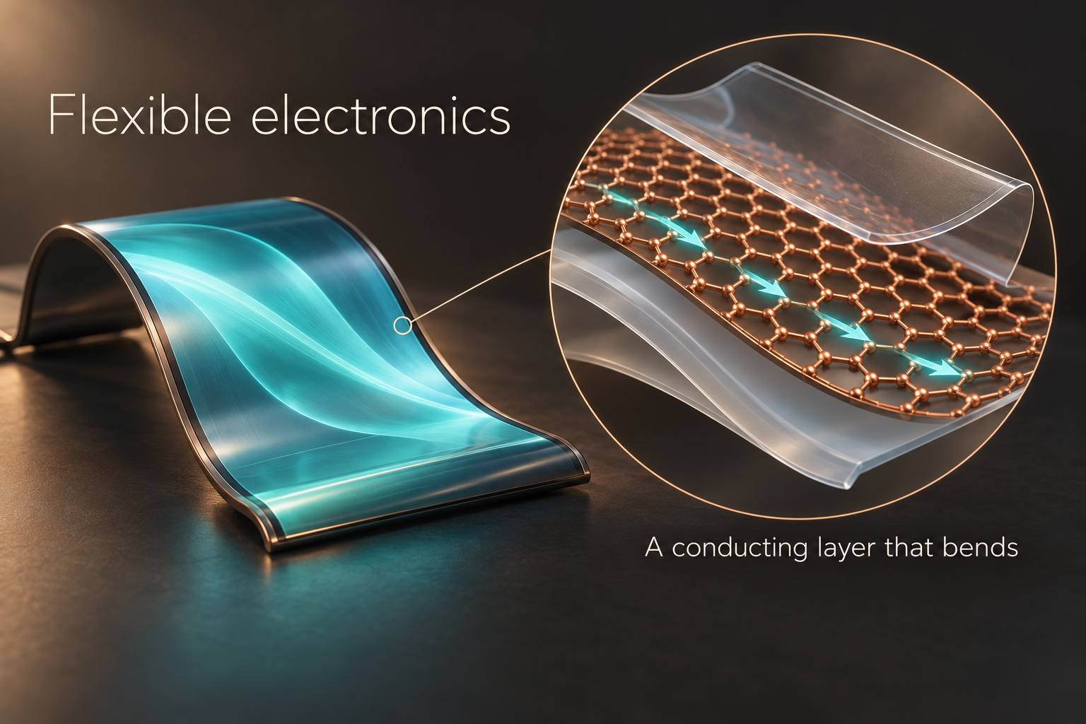 A bendable electronic film. A supported graphene film can carry current while bending with a device. The film is one layer in a larger electronic system.