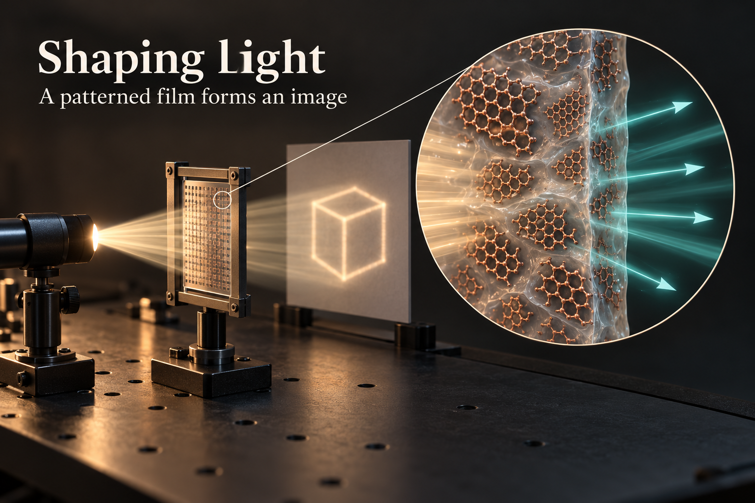 A patterned film shapes light. A patterned graphene-oxide composite changes how light passes through it. In research demonstrations, this can reconstruct an image.