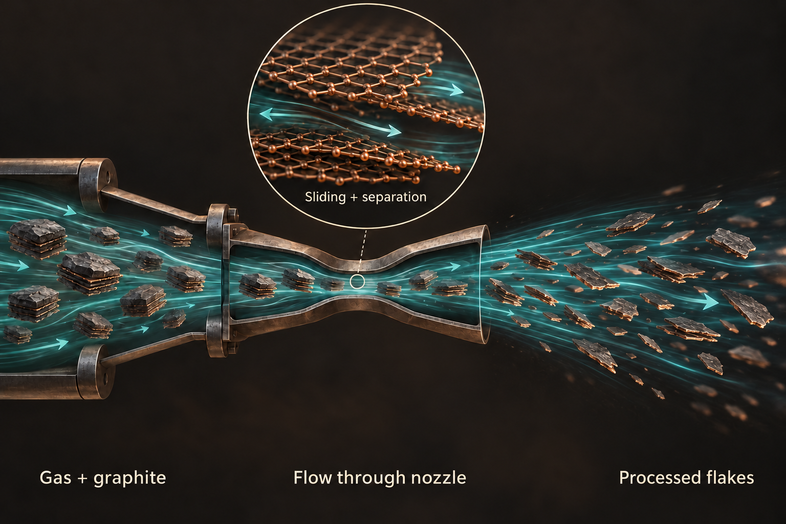 Compressible-flow exfoliation (CFE): gas carries layered particles through a nozzle; processed flakes leave the open nozzle outlet with the gas.