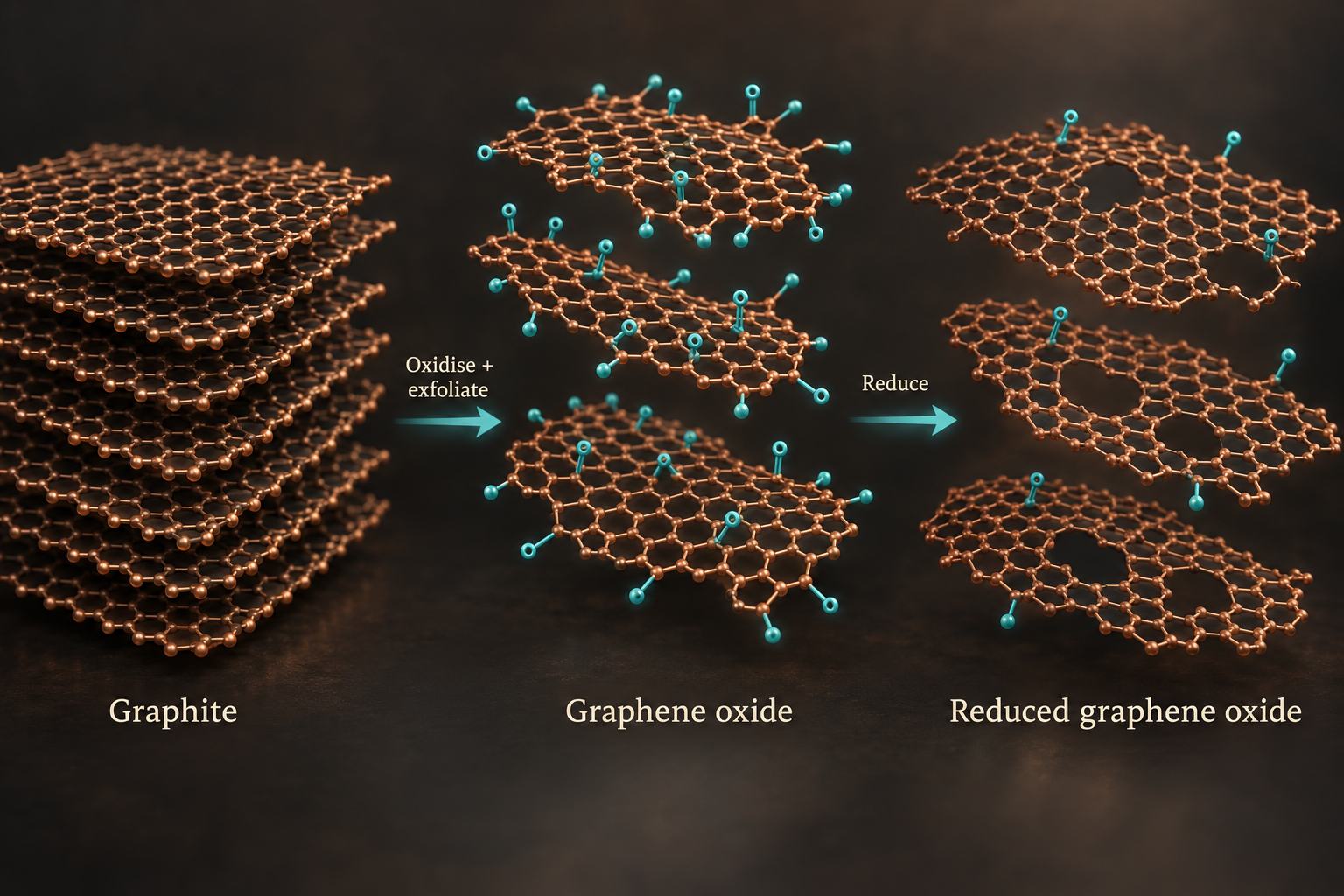 Oxidation and reduction: Graphite → Graphene oxide → Reduced graphene oxide