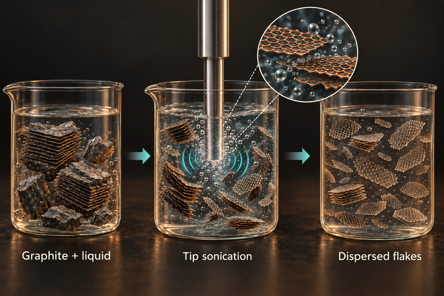 Liquid-phase exfoliation (LPE): Graphite + liquid → Tip sonication → Dispersed flakes