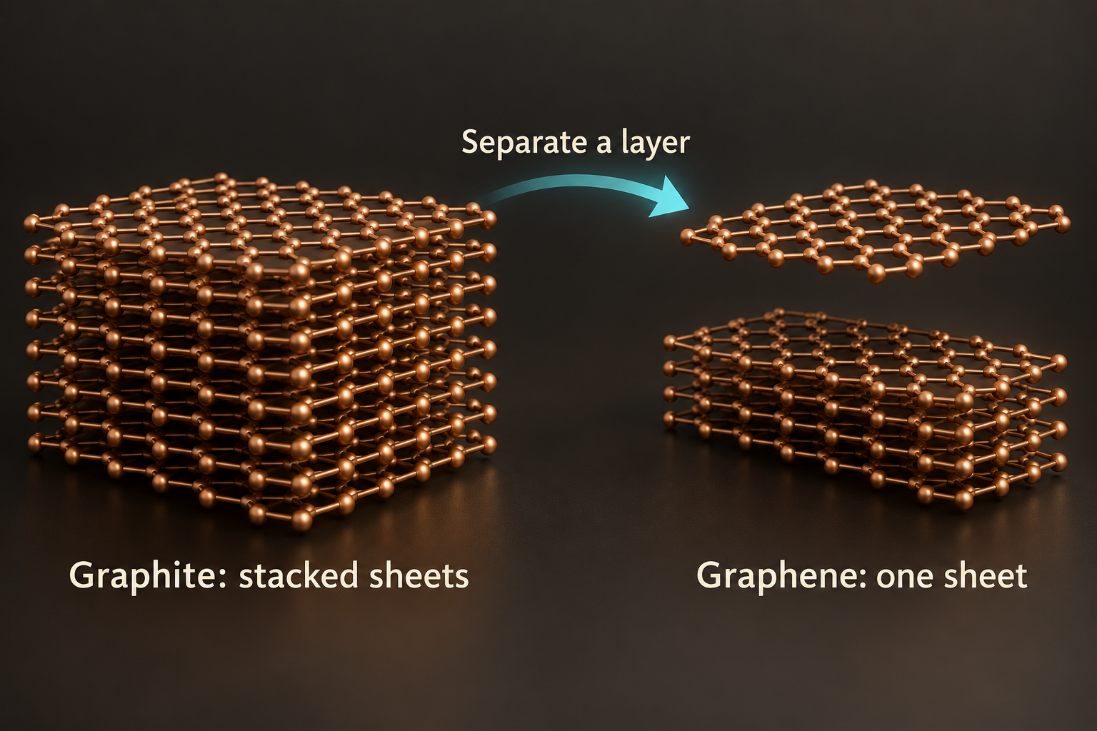 Illustration of exfoliation: stacked graphite sheets on the left, an isolated graphene sheet on the right.