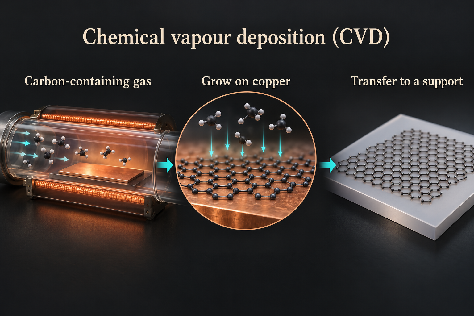 Chemical vapour deposition: carbon-containing gas enters a furnace, graphene grows on copper, and the film is transferred to a support.