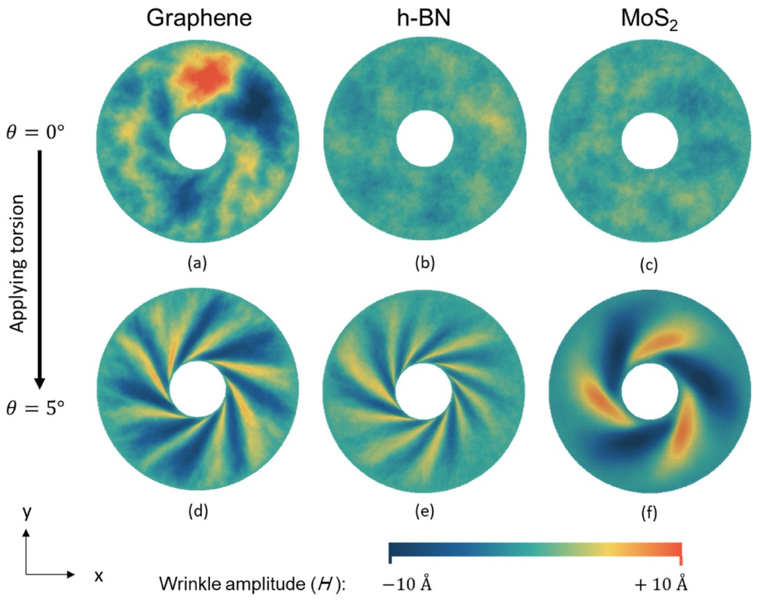 Torsion turns irregular height fluctuations into ordered wrinkles in graphene, h-BN, and MoS₂.